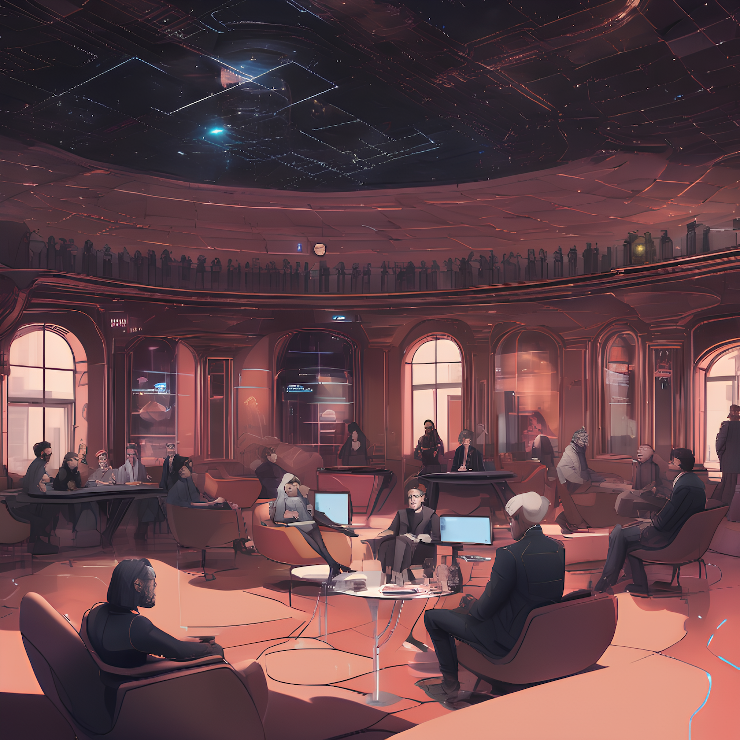 Cyberpunk illustration of french salons.